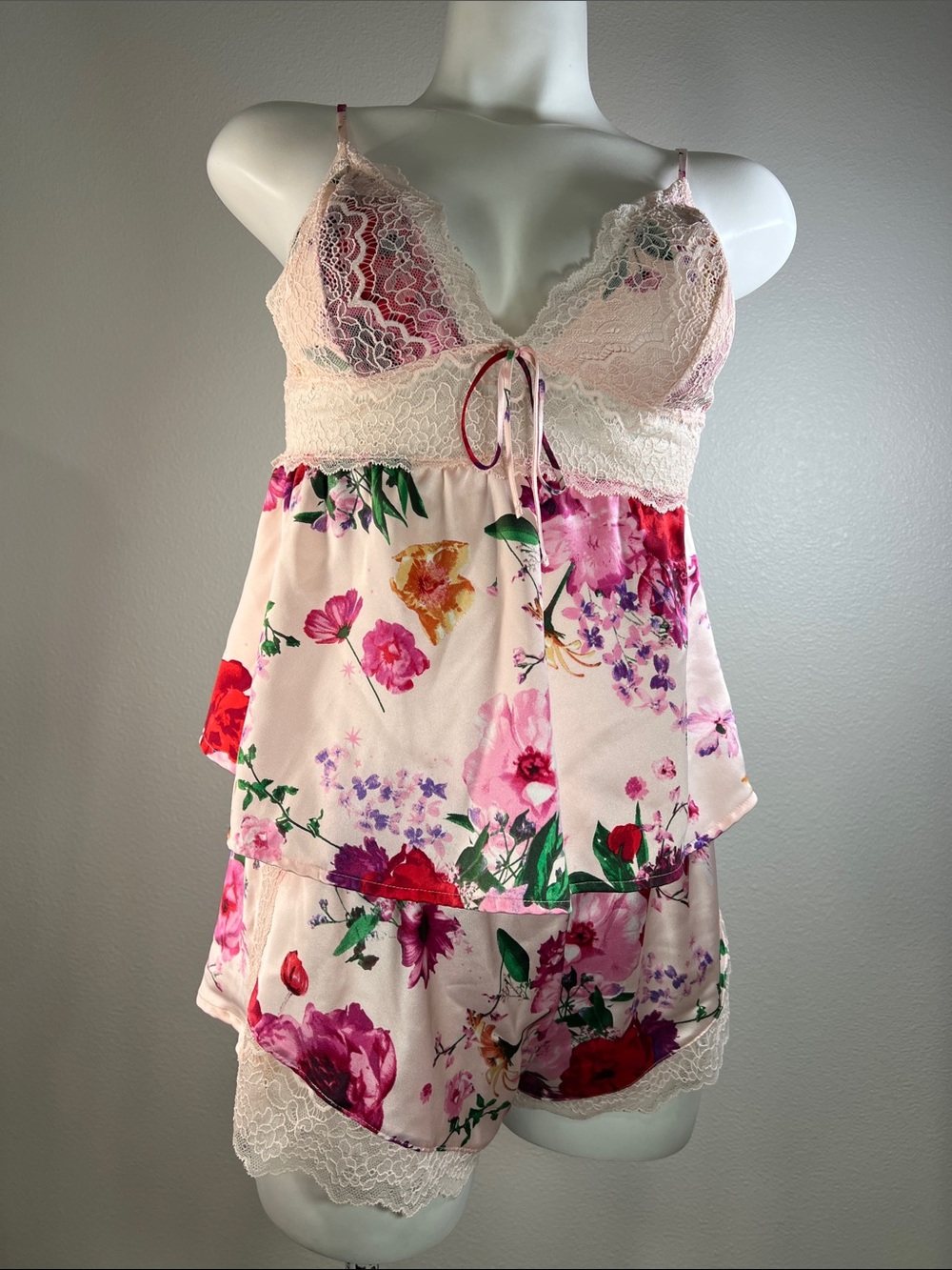 Victoria's Secret Stretch Lace & Satin Cami Set Purest Pink Midnight Blossom M